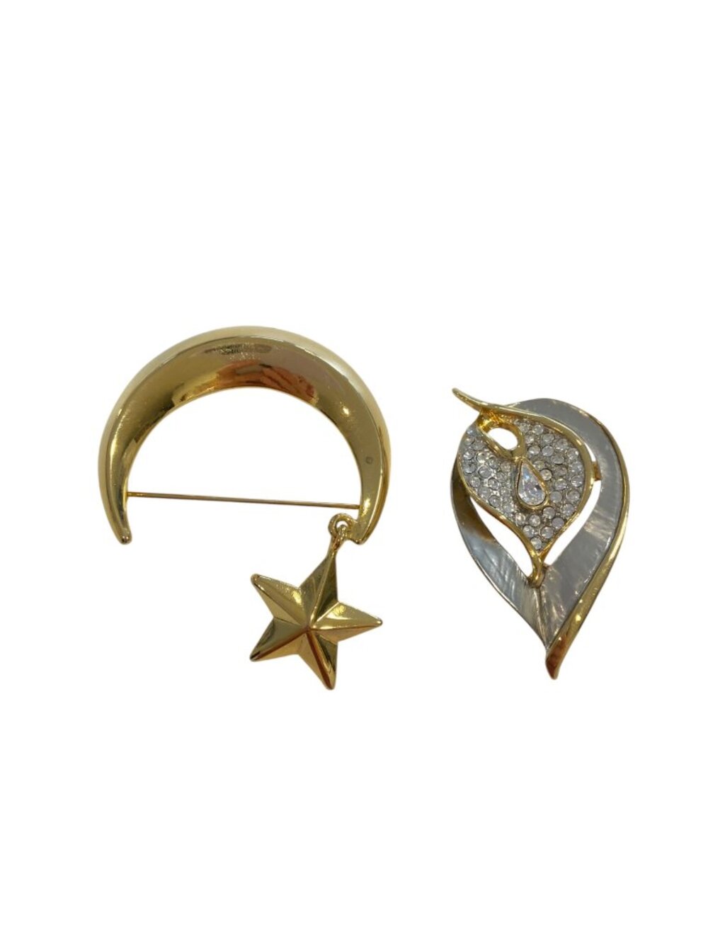 Vintage Signed Vittorio Gold Tone Leaf Brooch With Rhinestones & Mother Of Pearl